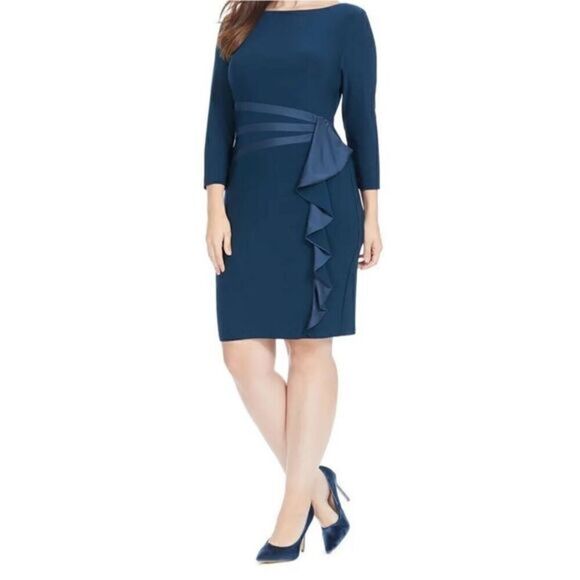 American Living Women's Blue Gabrielle Ruffled Satin Sheath Dress Size 4 - Picture 1 of 10